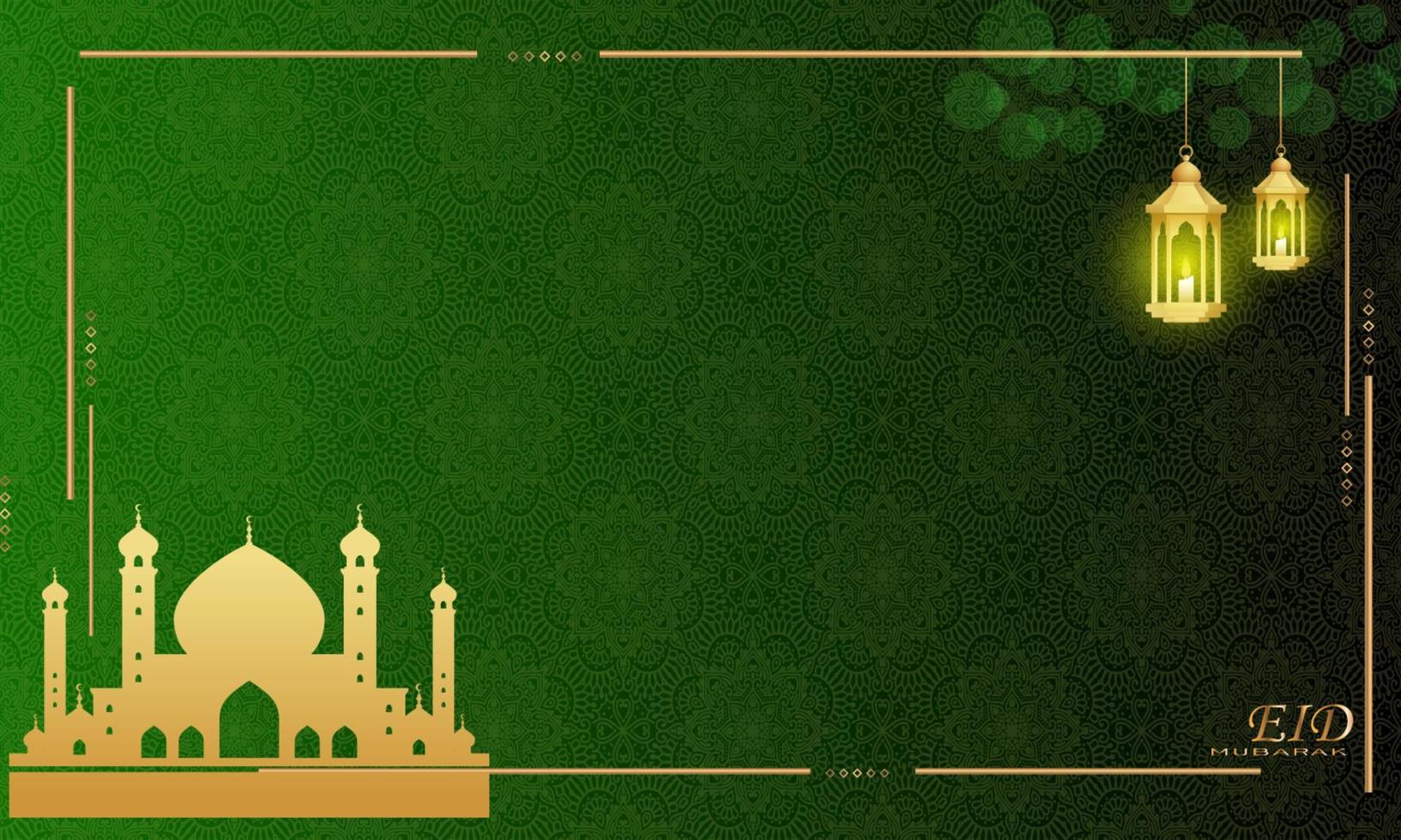 Green ramadan abstract background with mosque and golden lights vector