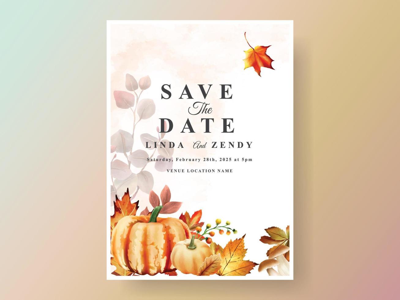 autumn wedding invitation card with pumpkin and mushroom and bird and leaves watercolor vector