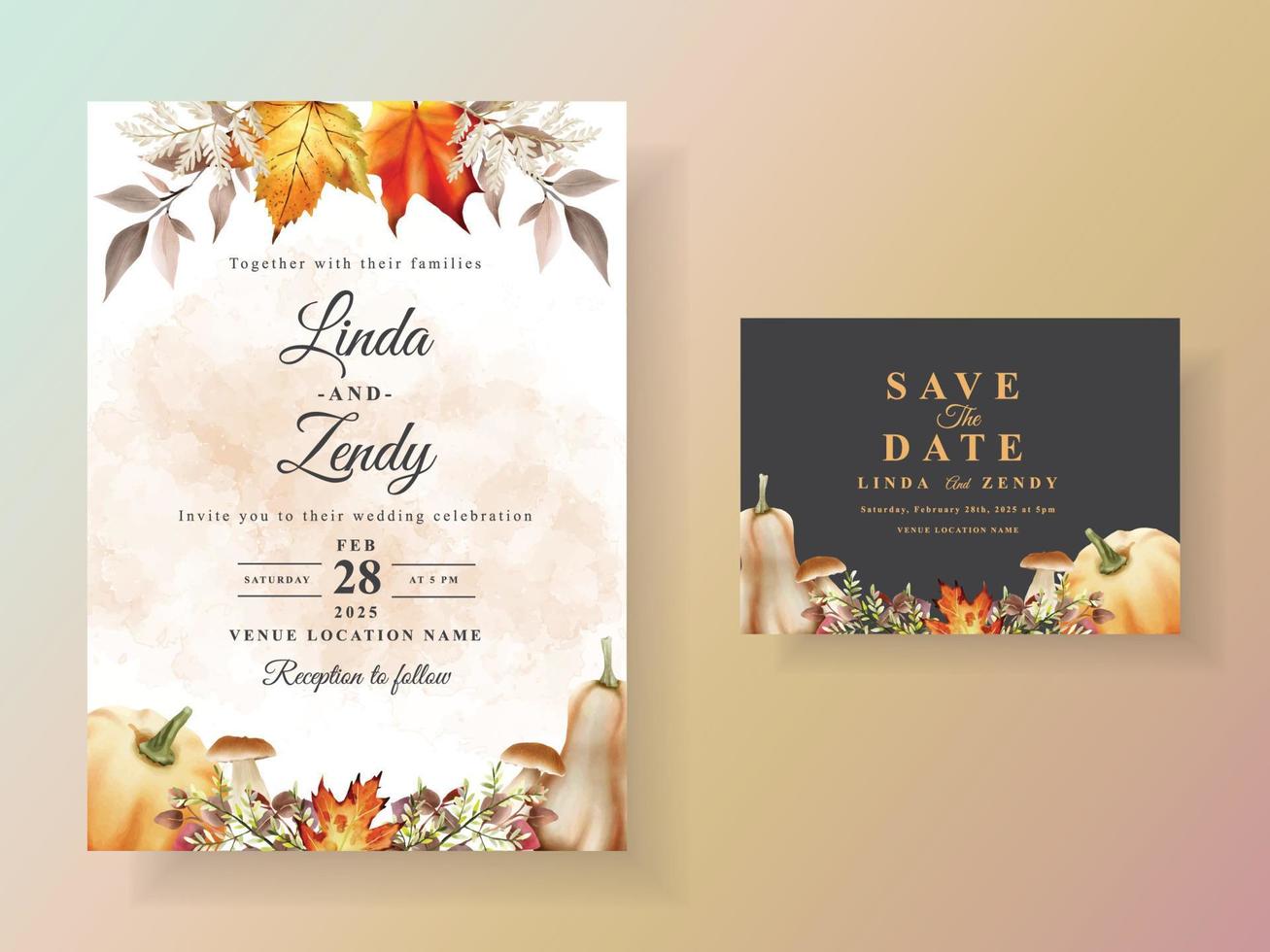 tarjeta de invitación de boda de otoño con calabaza y champiñón y pájaro y hojas de acuarela vector