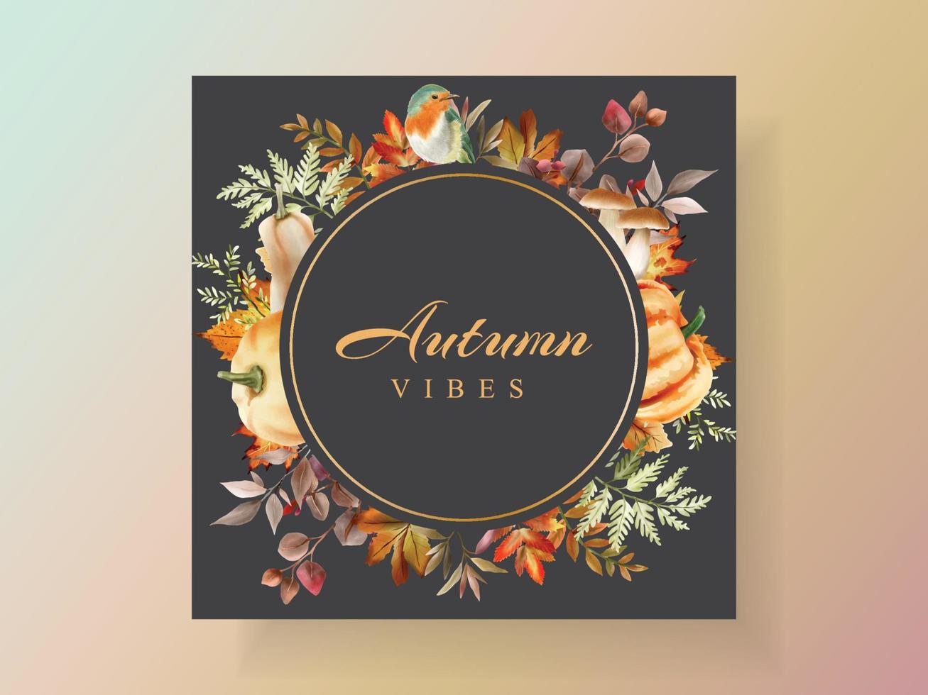 autumn greeting card with pumpkin and mushroom and bird and leaves watercolor vector