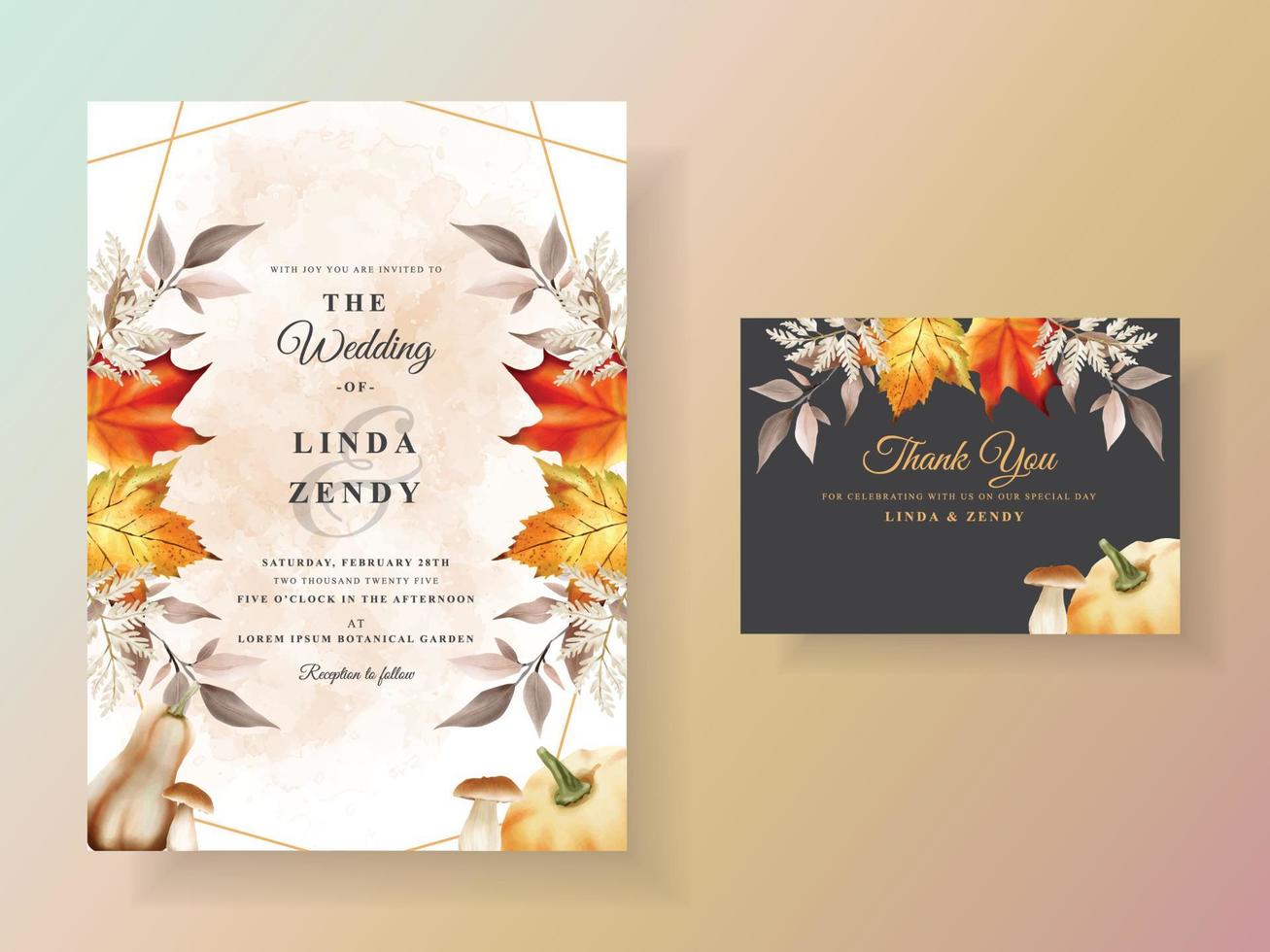autumn wedding invitation card with pumpkin and mushroom and bird and leaves watercolor vector