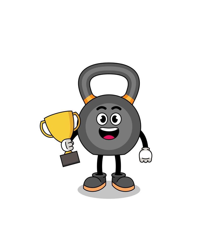 Cartoon mascot of kettlebell holding a trophy vector