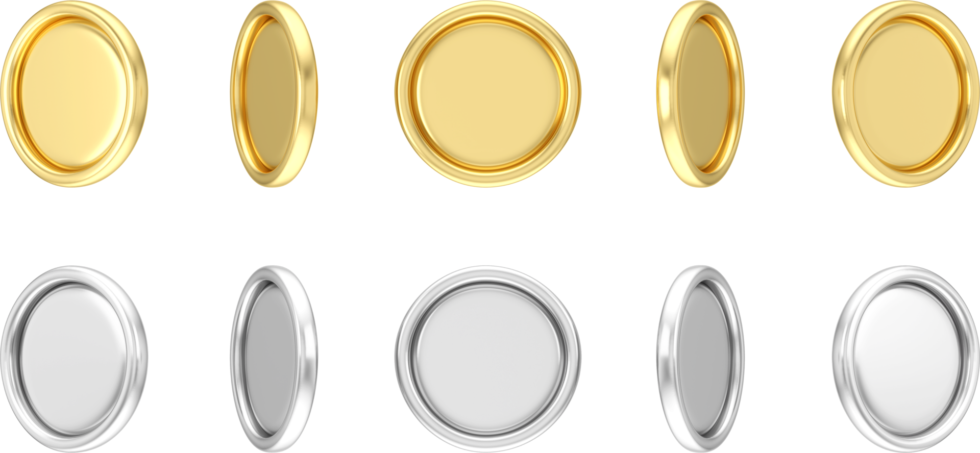 Set of rotating golden and silver coins. Set of spinning gold silver coins in many views rotate in different angles isolated on white background. 3D Rendering png