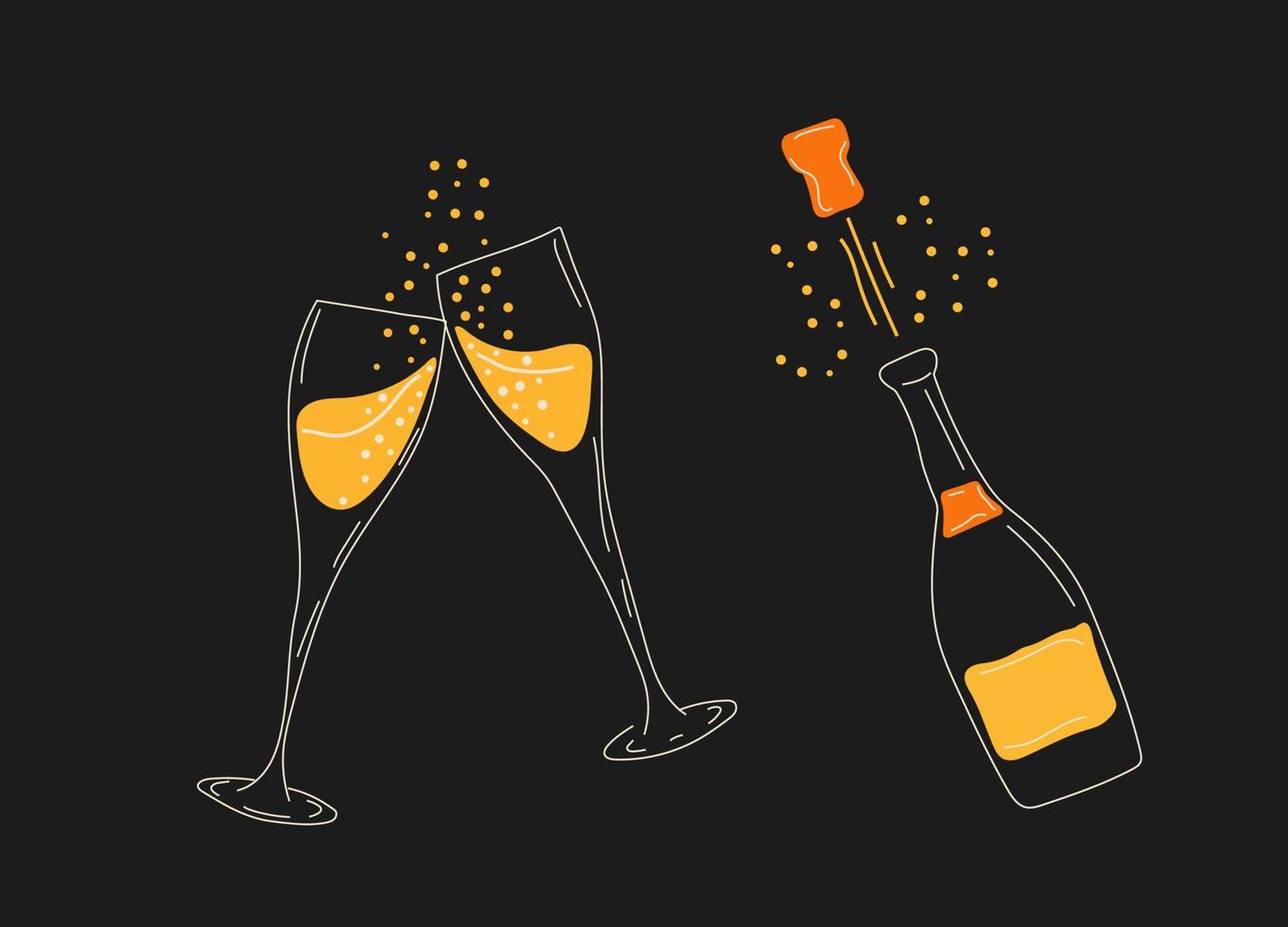 dos copas de champán con botella de champán. vector en estilo de dibujos animados. todos los elementos están aislados