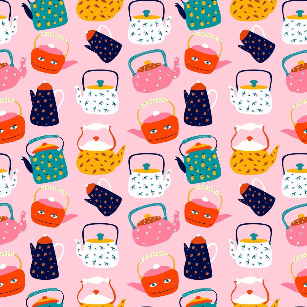 Vector seamless pattern illustration, sticker kettle, teapot with homely cute things.