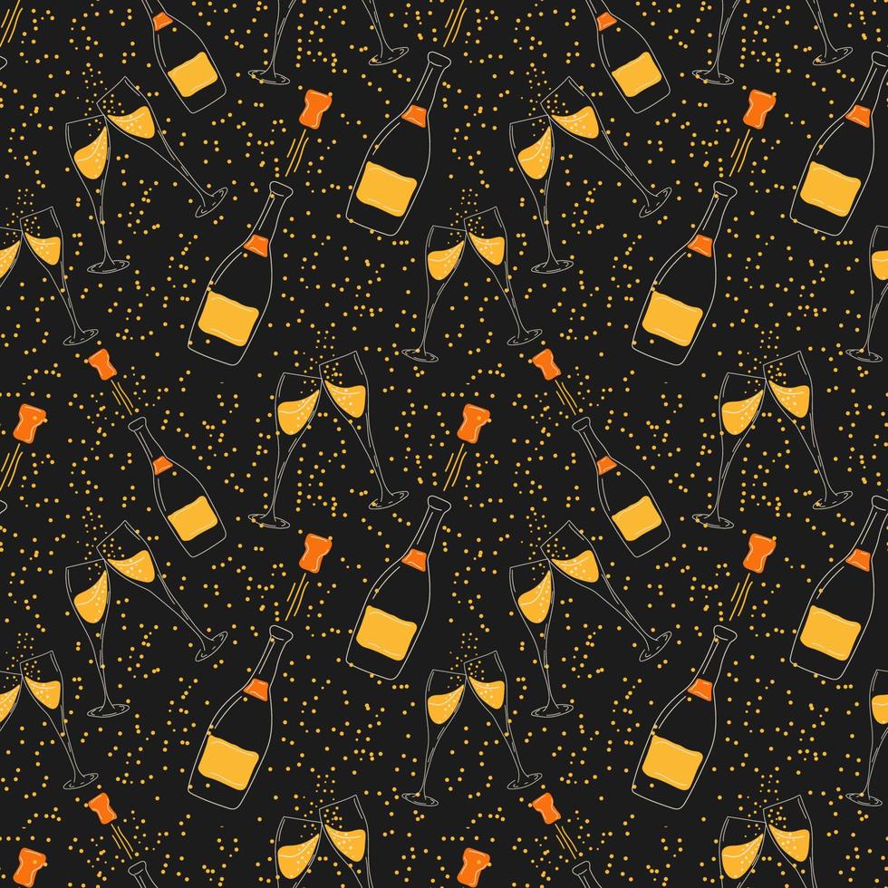 Vector seamless pattern with two champagne glasses with champagne bottle. Cartoon style.