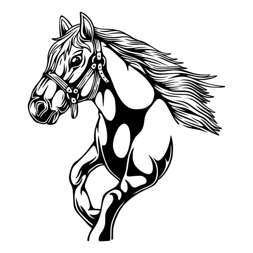 caballo de ilustración vectorial en una posición de carrera con cabello largo y rizos diseño en blanco y negro vector