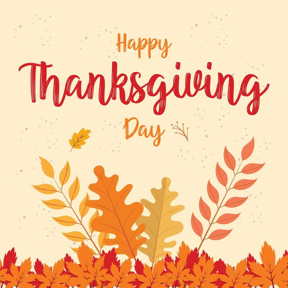 Happy thanksgiving day text minimal background with dry fall leaves vector illustration.