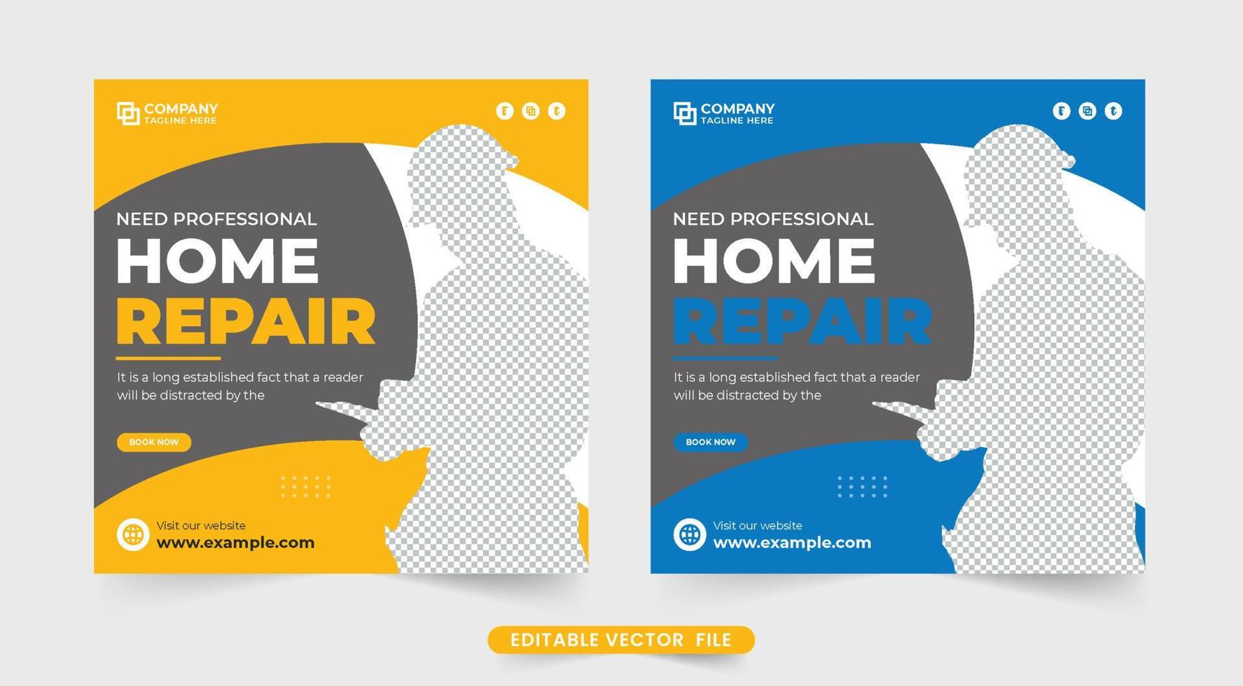 Creative home repair service social media post design with abstract shapes. House renovation and construction business promotional web banner vector. Real estate home repair business template vector. vector