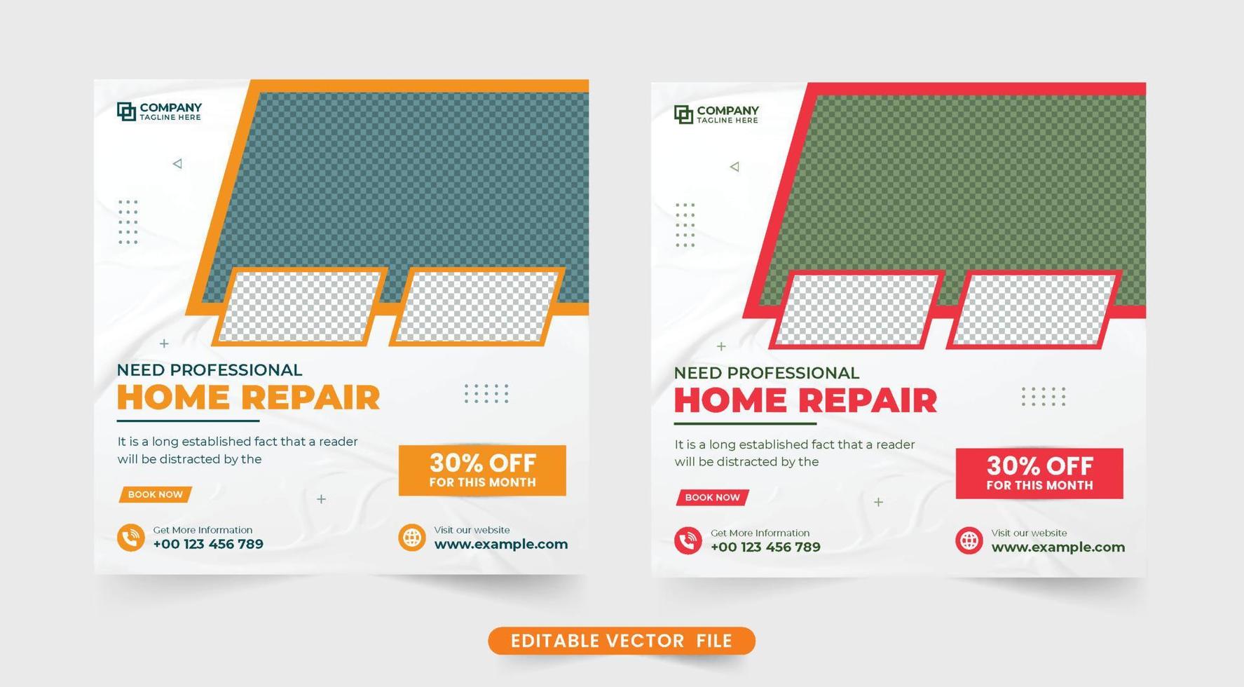 House construction advertisement template with red and orange colors. Home renovation social media post vector for online marketing. Real estate home repair service web banner design.