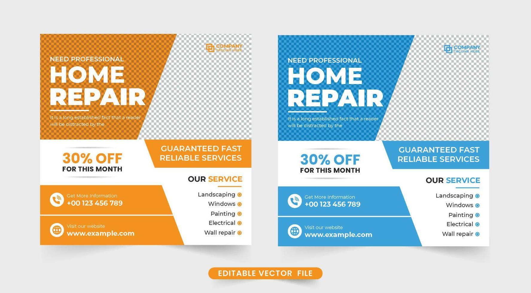 Professional home repair service template design with yellow and blue colors. House renovation business advertisement poster design with orange and blue colors. Home repair social media post vector. vector