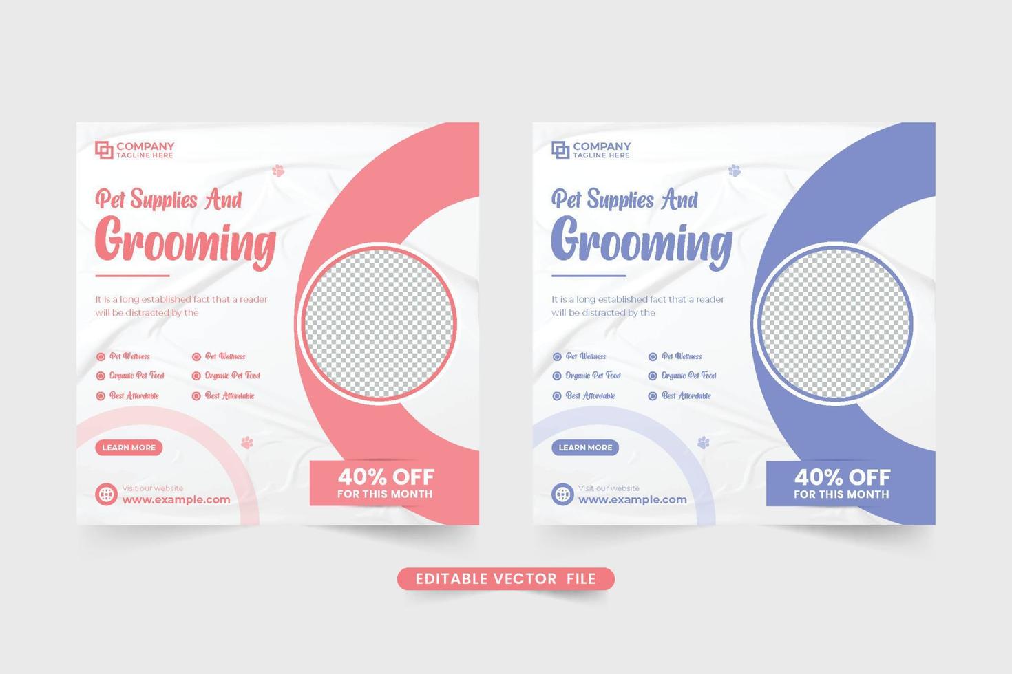 Pet supplies and grooming shop template for social media marketing. Pet care shop advertising web banners with blue and pink colors. Animal veterinary and healthcare service template vector. vector