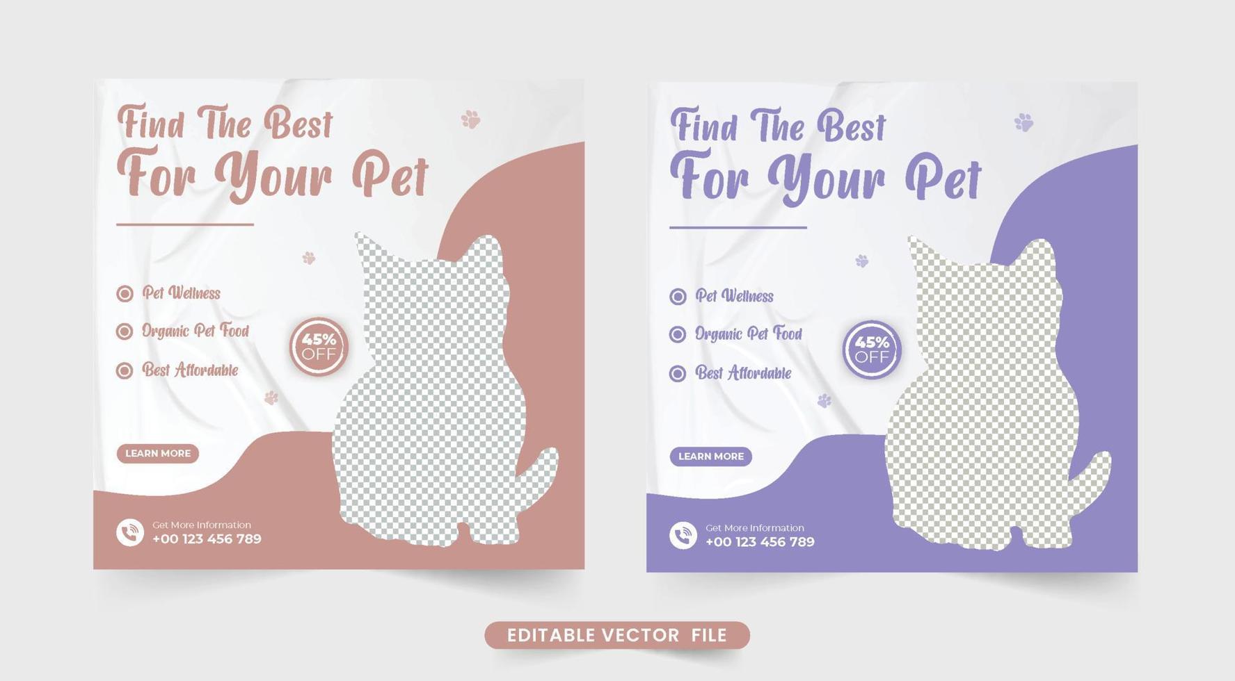 Beautiful pet grooming shop social media post vector with purple and clay colors. Pet veterinary service promotional web banner design with abstract shapes. Pet care center template vector.