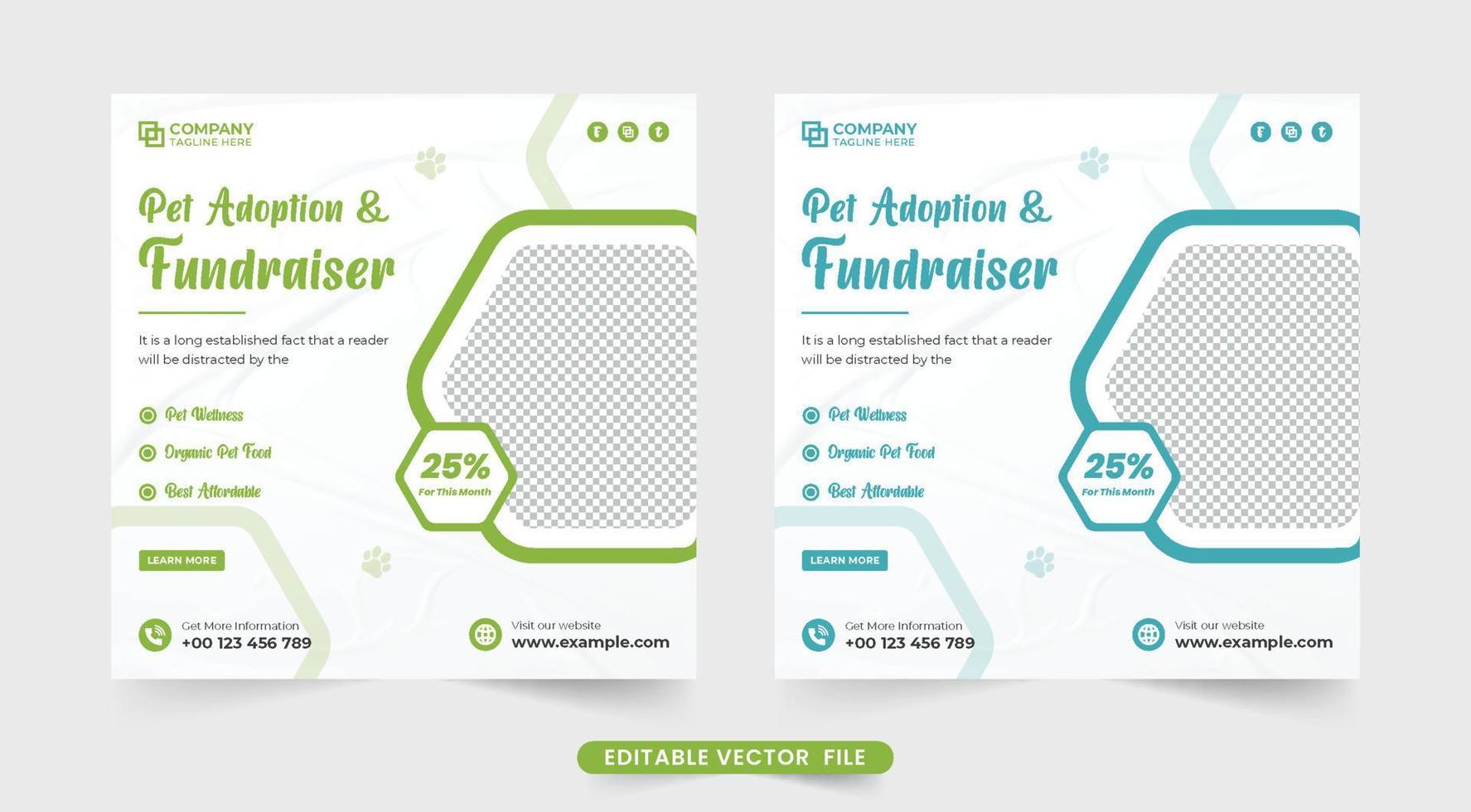 Pet adoption and fundraiser service template for social media marketing. Creative pet care and grooming center promotional poster design with green and blue colors. Pet veterinary advertisement design vector