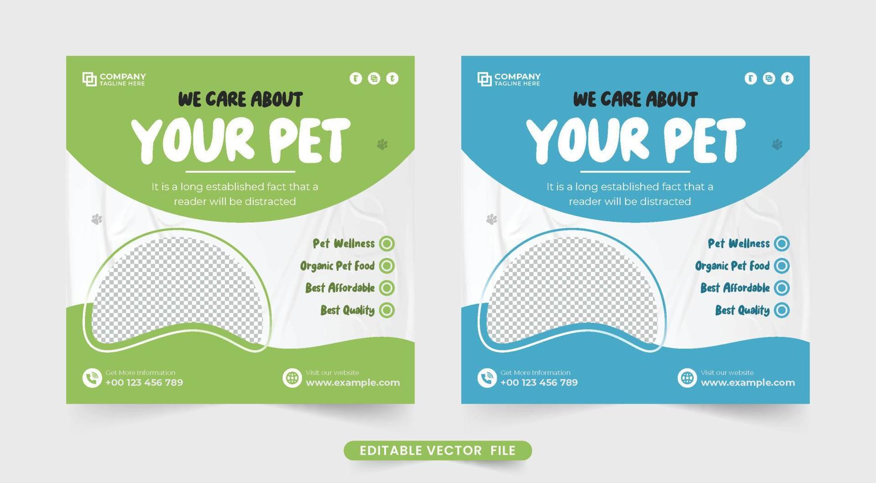 plantilla de promoción veterinaria de mascotas para marketing en redes sociales. plantilla moderna de servicio de cuidado de mascotas con formas abstractas creativas. vector de plantilla promocional de tienda de mascotas con colores verde y azul.