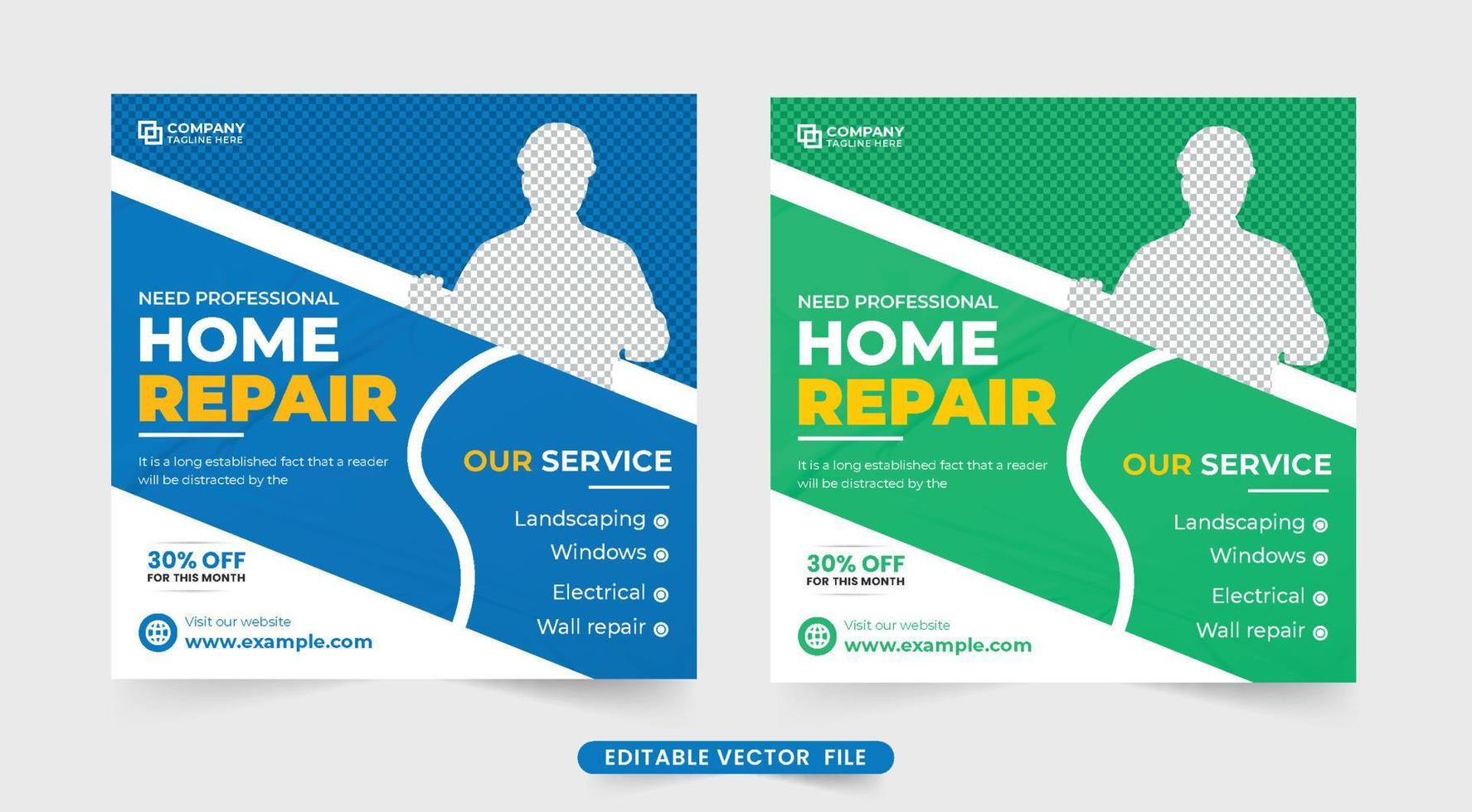 Professional home repair service template for social media posts. House renovation and construction business advertising web banner design with blue and green colors. Home repair business poster. vector