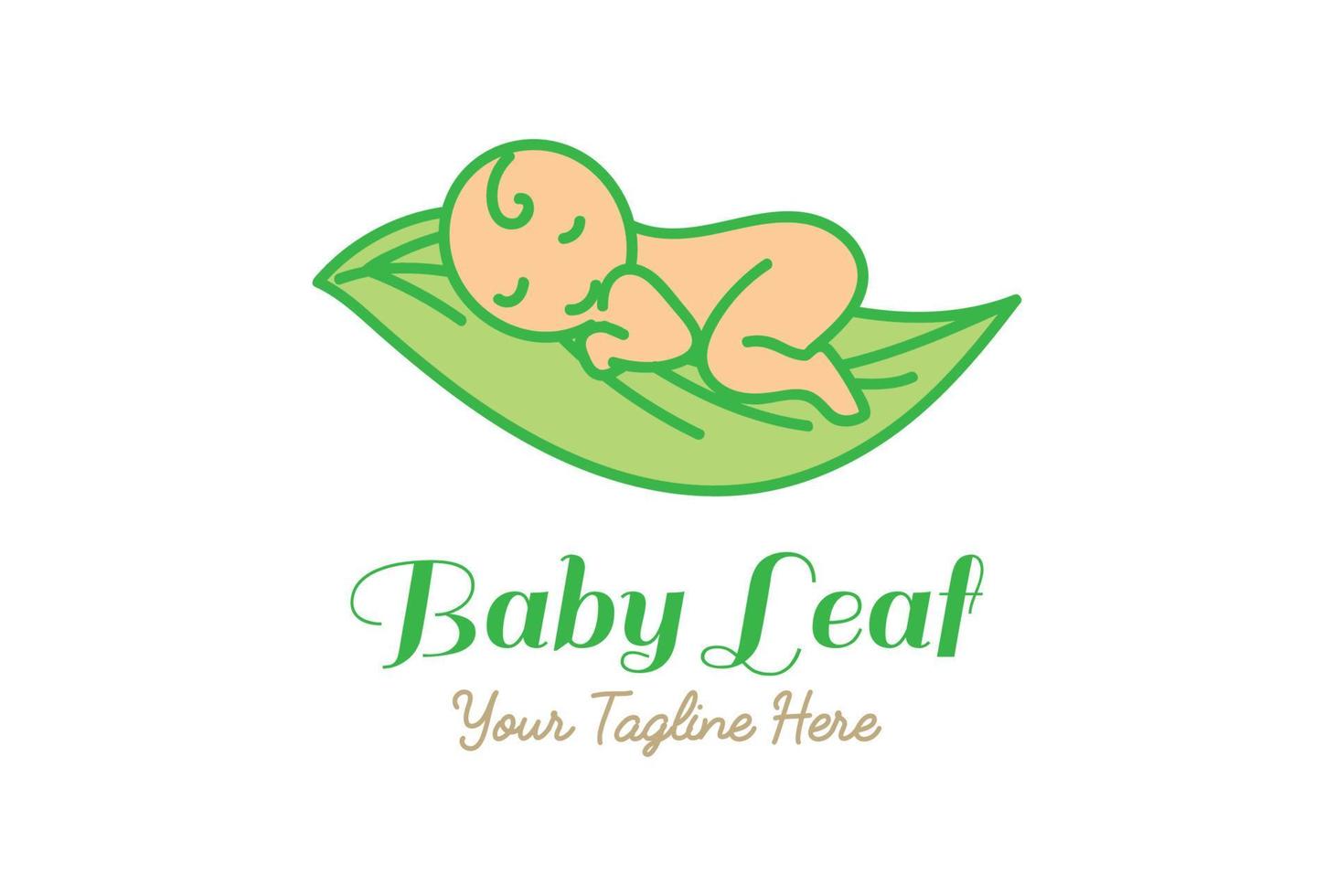 adorable lindo bebé divertido durmiendo en el vector de diseño de logotipo de árbol de planta de hoja