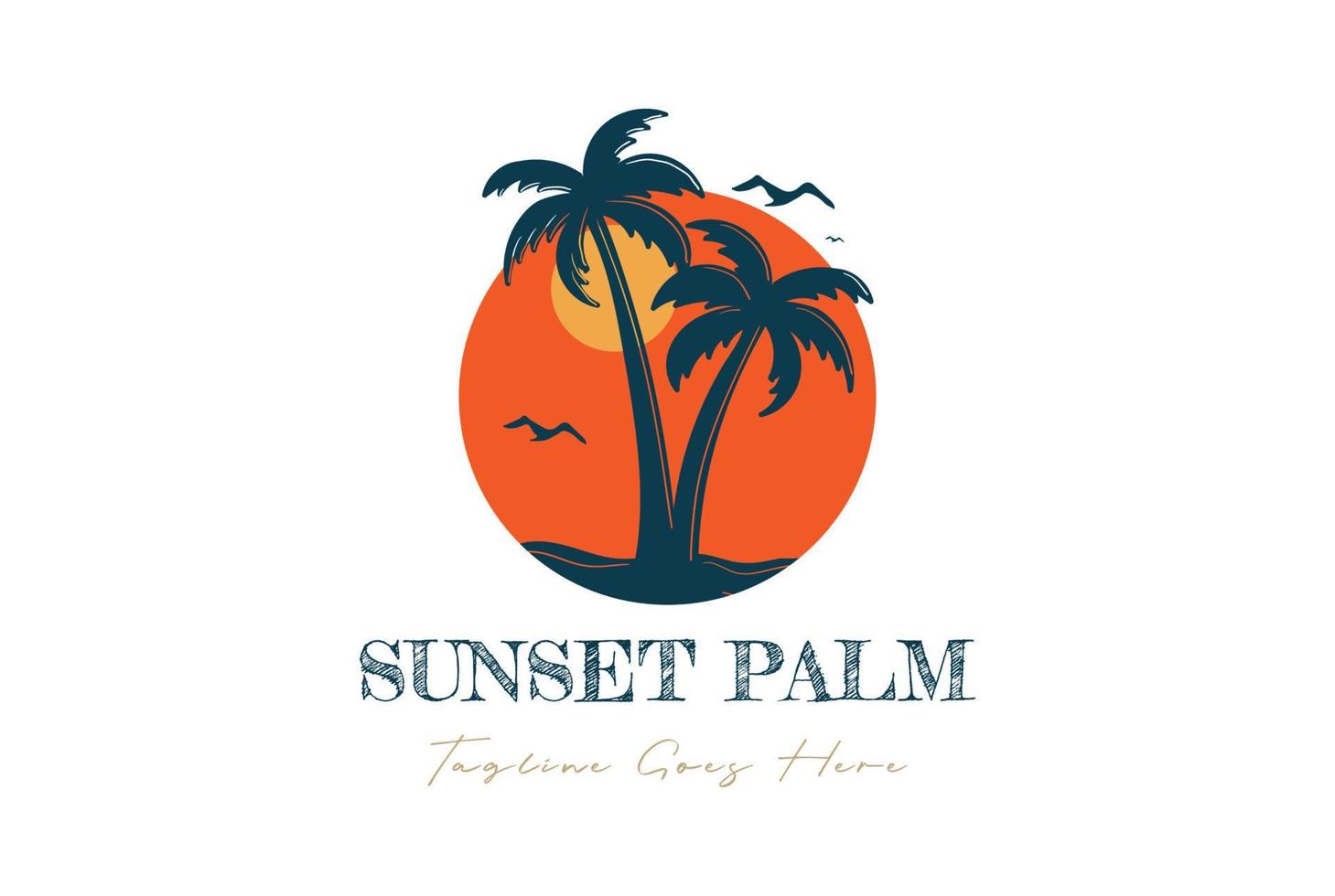 Circular Circle Sunset Beach Sea Wave with Palm Coconut Trees Island for  Tropical Surf Travel Vacation Logo vector