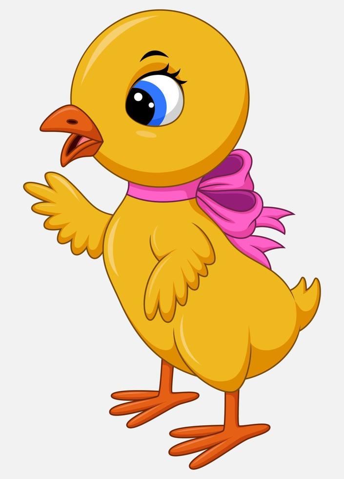 Cute dibujos animados de pollo pequeño con lazo rosa aislado sobre un fondo blanco. vector