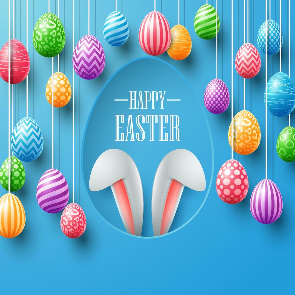 feliz tarjeta de pascua con orejas de conejo escondidas en un agujero de huevo y huevos coloridos vector