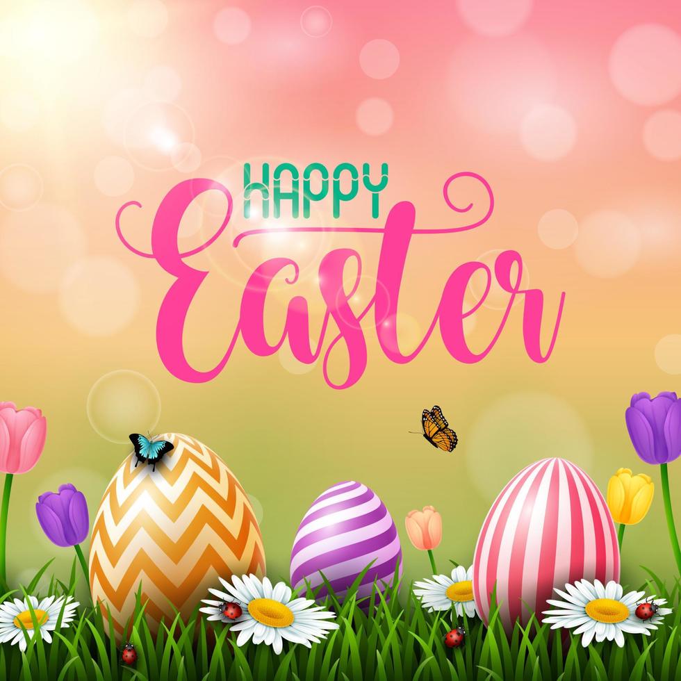 Colorful Easter eggs with flowers and insects on the grass vector