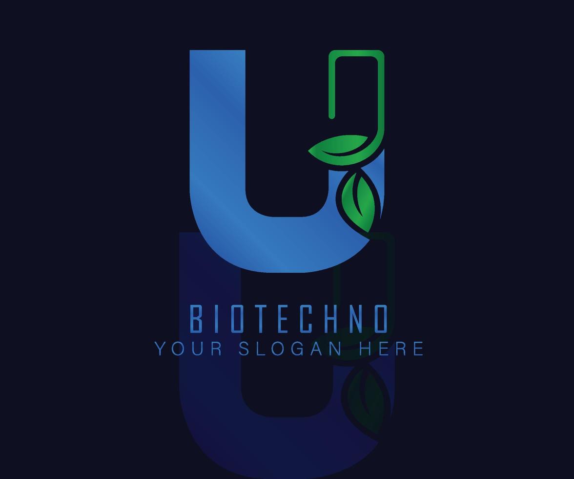 Biotech logo with herbal leaf letter U. Herbal logo vecktor template. medical herbal logo. vector