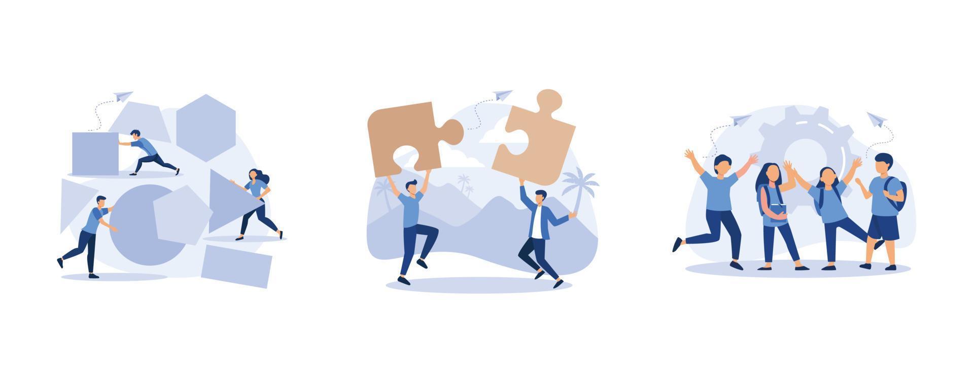 A team of people assemble an abstract geometric puzzle,  people connecting puzzle elements,  kids team communication, set flat vector modern illustration