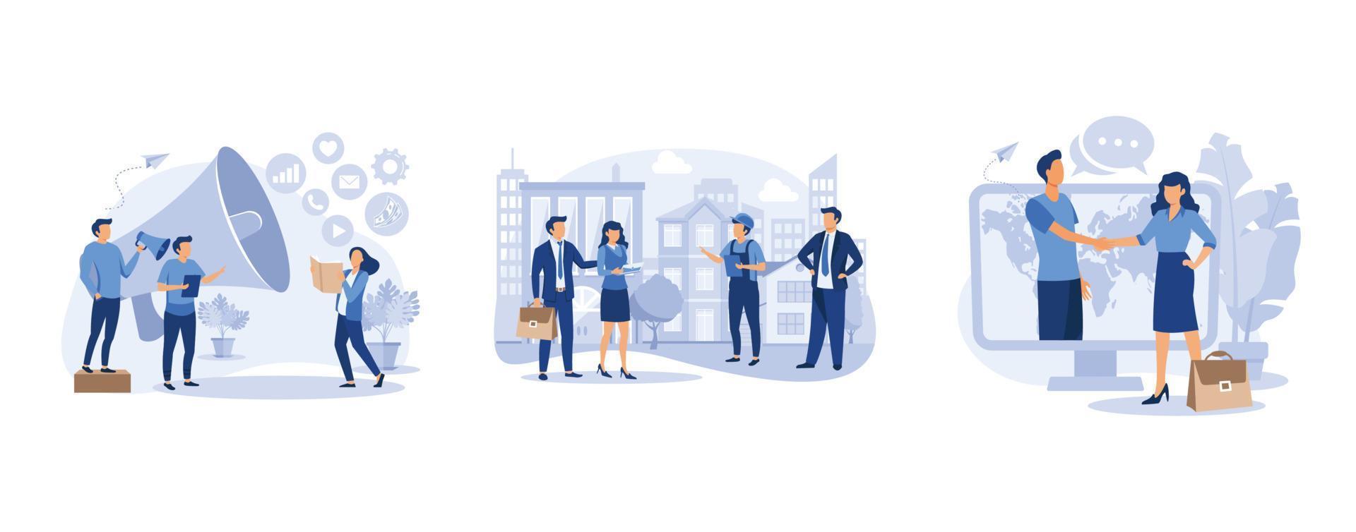 business promotion,  real estate business concept with houses, online conclusion of the transaction, set flat vector modern illustration