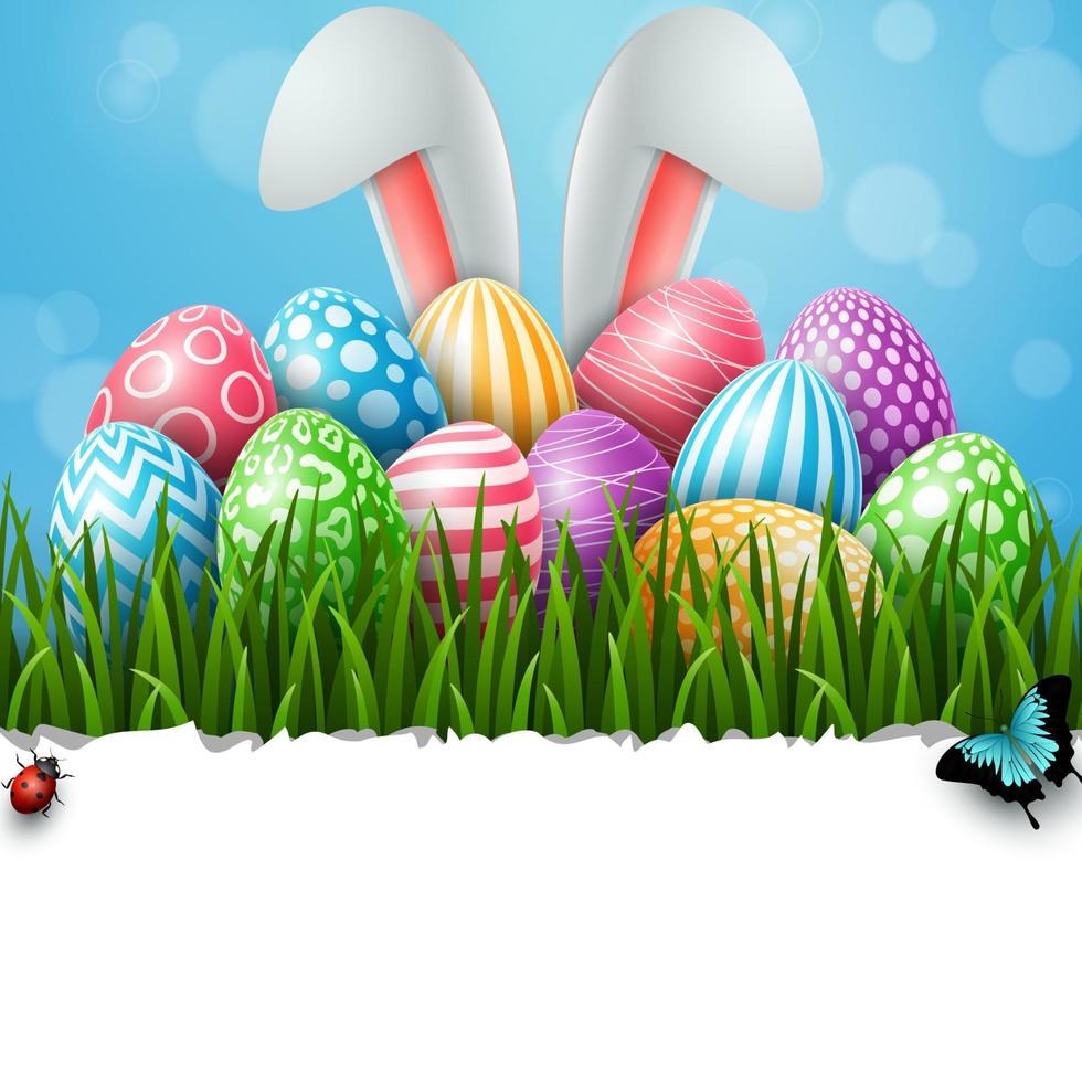 Easter greeting card with two bunny ears and colorful eggs on blue background vector