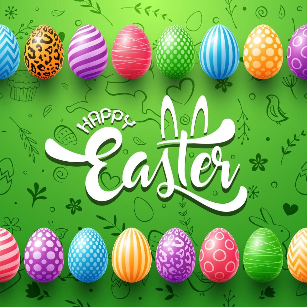 Happy Easter greeting card with colored eggs and frame on cute doodle background vector