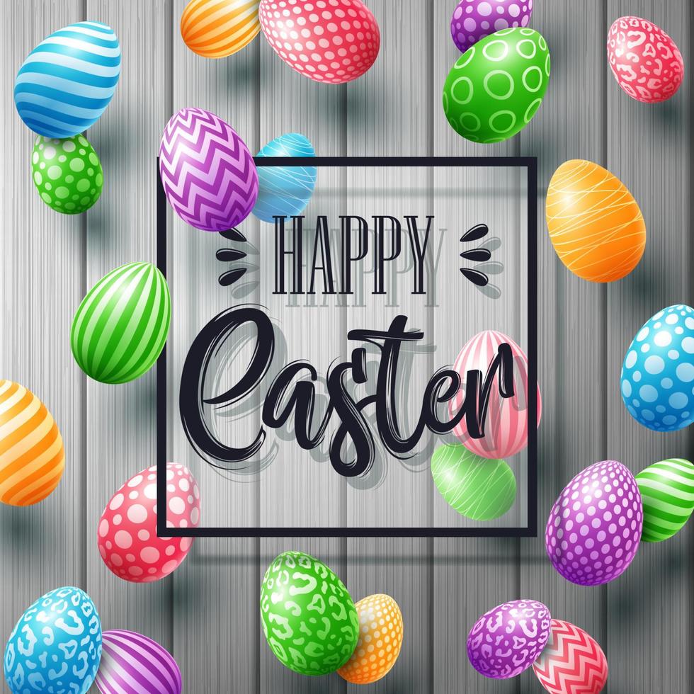 Happy Easter greeting card with colored eggs and frame on cute doodle background vector