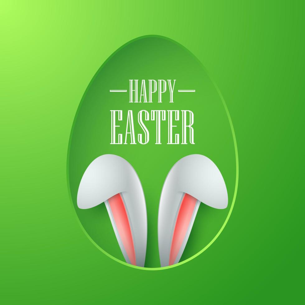 Easter card with paper egg shape frame with bunny ears in egg hole on green background vector