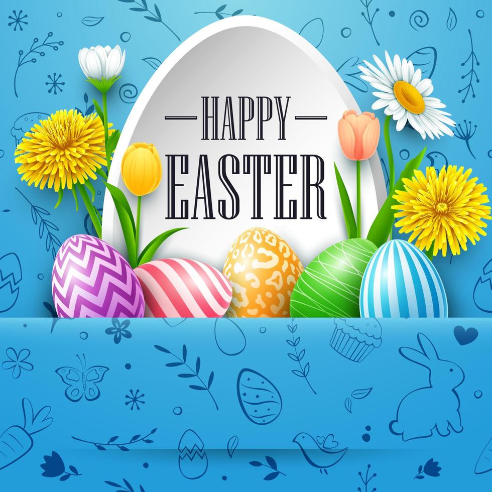 Happy Easter greeting card with colored eggs, flowers, on cute doodles background vector