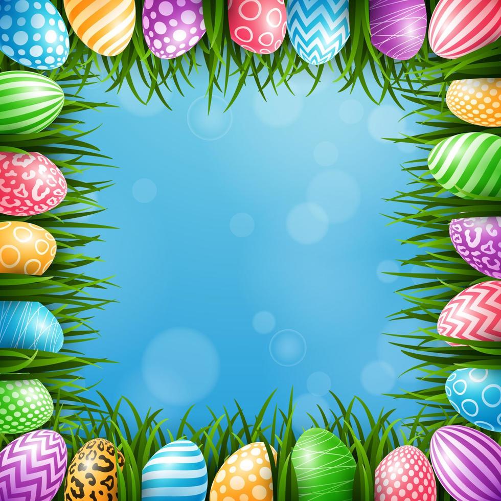 Happy Easter background with colored eggs and grass on blue sky background vector