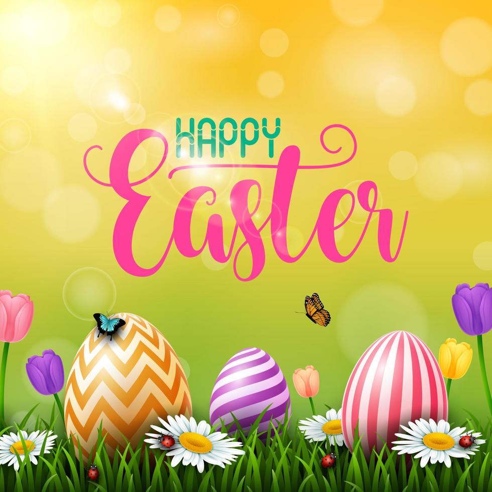 Colorful Easter eggs with flowers and insects on the grass vector