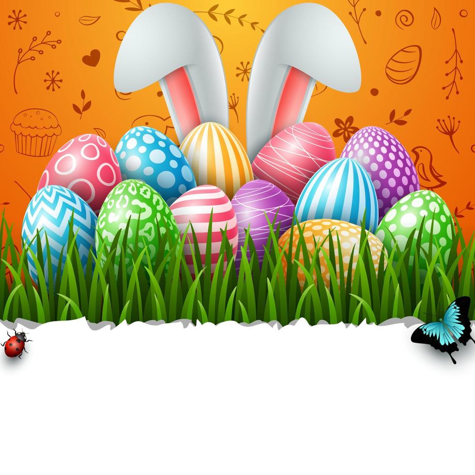 Easter greeting card with two bunny ears and colorful eggs on blue background vector