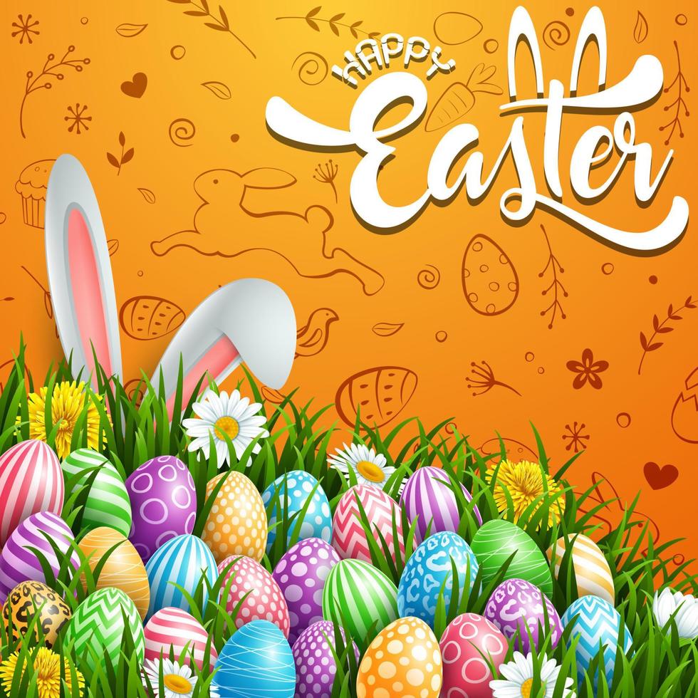 Easter greeting card with two bunny ears and colorful eggs on blue background vector