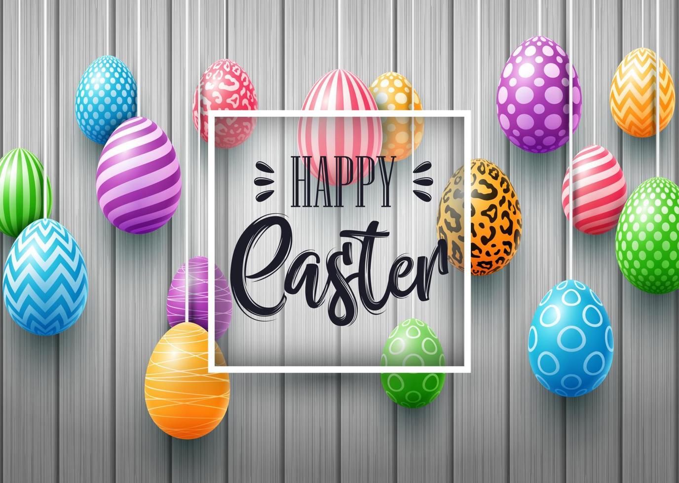 Happy Easter greeting card with colored eggs and frame on cute doodle background vector