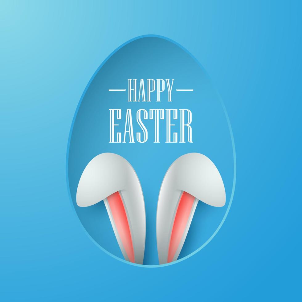 Easter card with paper egg shape frame with bunny ears in egg hole on blue background vector