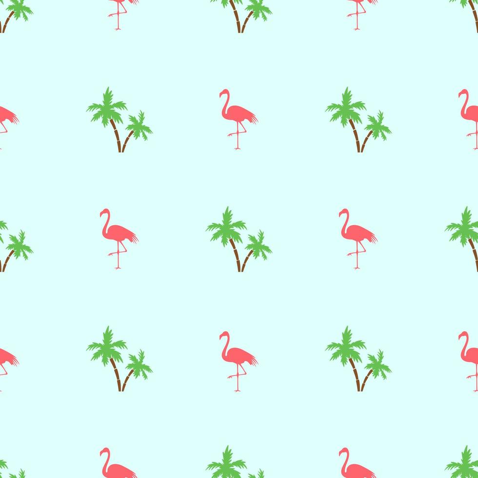 Seamless pattern with flamingos bird and palm trees on green background vector