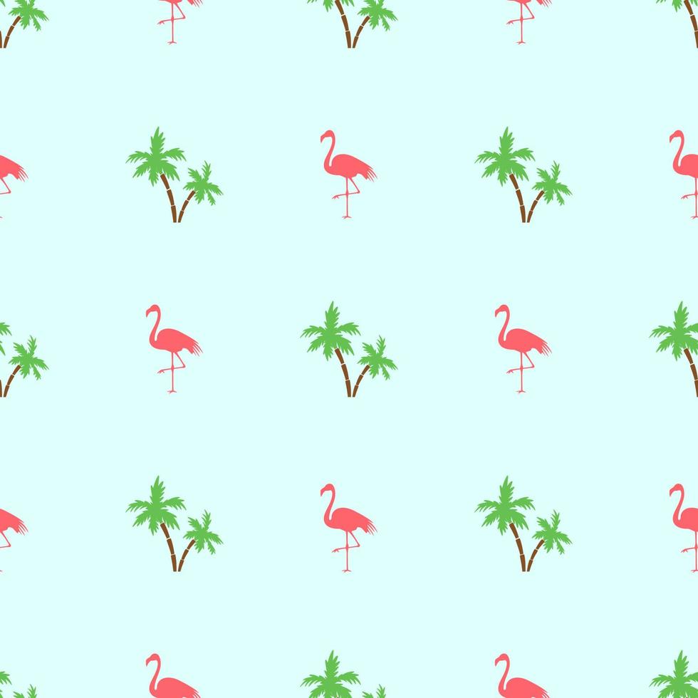 Seamless pattern with flamingos bird and palm trees on green background vector