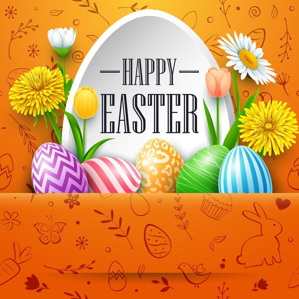 Happy Easter Greeting card with colored eggs and flowers on cute doodles background vector