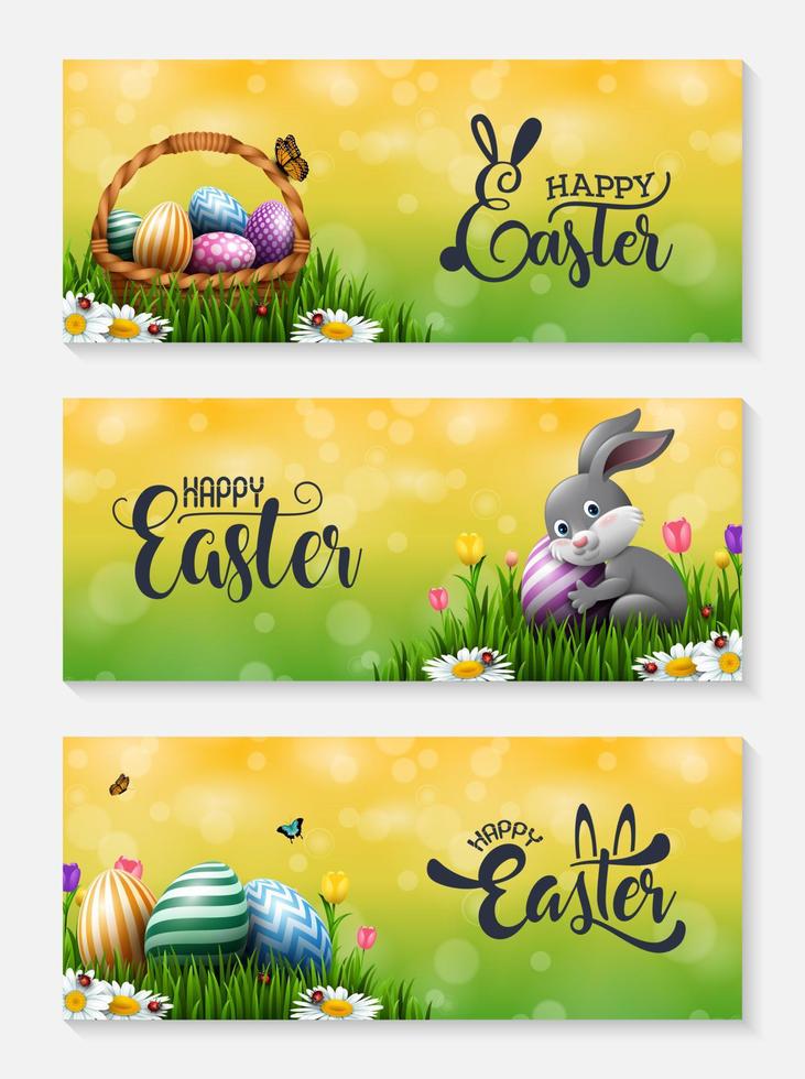 Collection of Easter banners with Easter eggs, little bunny, and basket in the grass vector