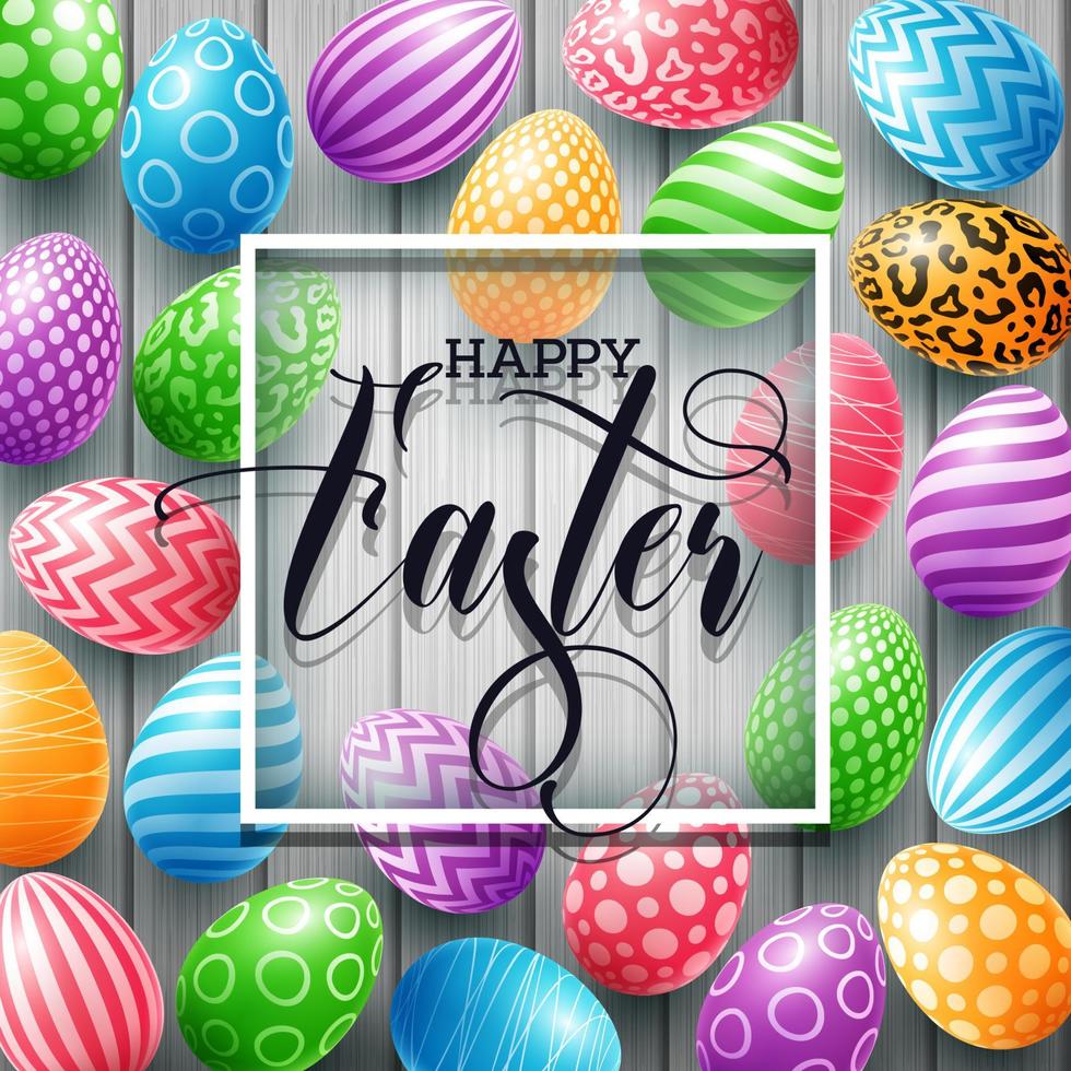 Happy Easter greeting card with colored eggs and frame on cute doodle background vector