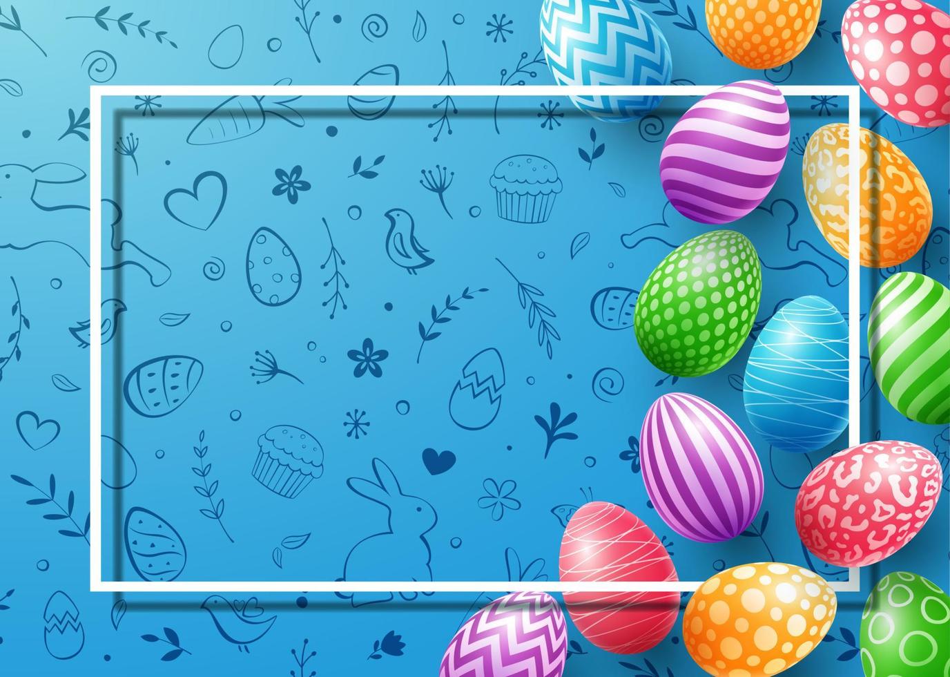 Collection of colorful eggs with frame empty for text on cute doodle background vector