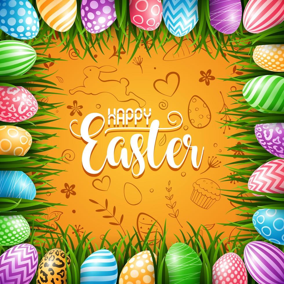 feliz fondo de pascua con huevos de colores en la hierba en un lindo fondo de garabatos vector