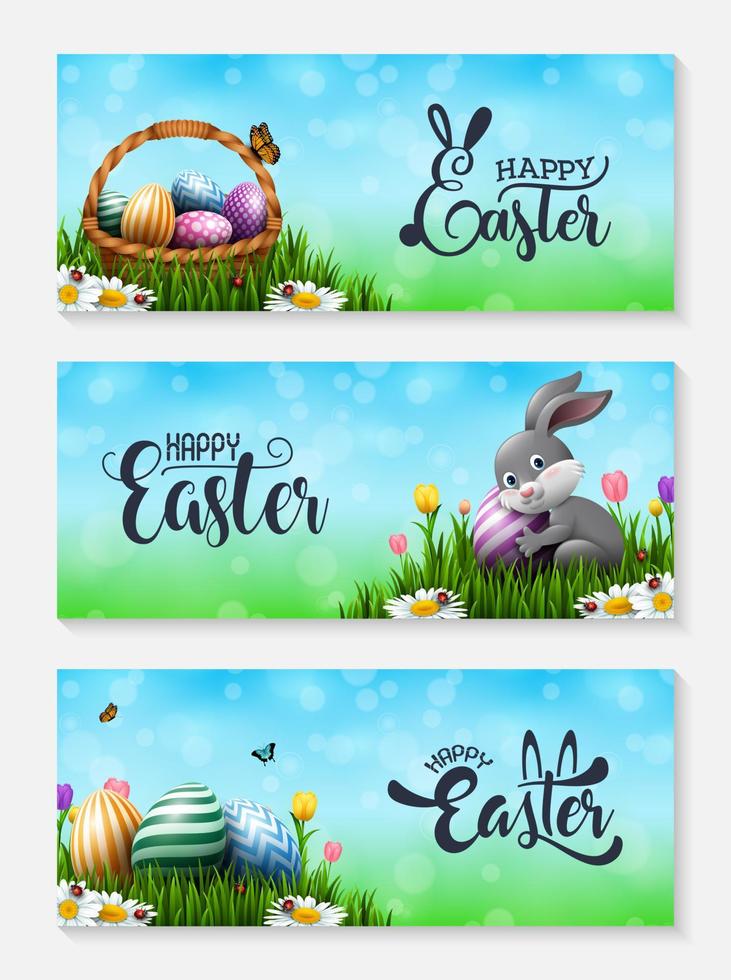 colección de pancartas de pascua con huevos de pascua, conejito y canasta en la hierba vector