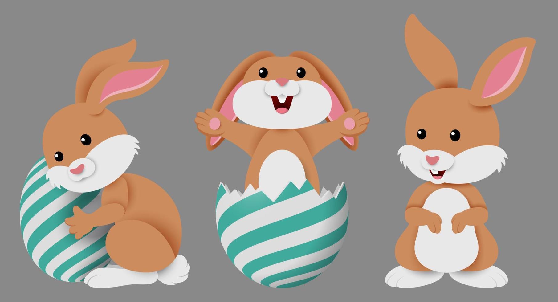 lindos tres conejitos con huevos de pascua decorados en un fondo gris vector