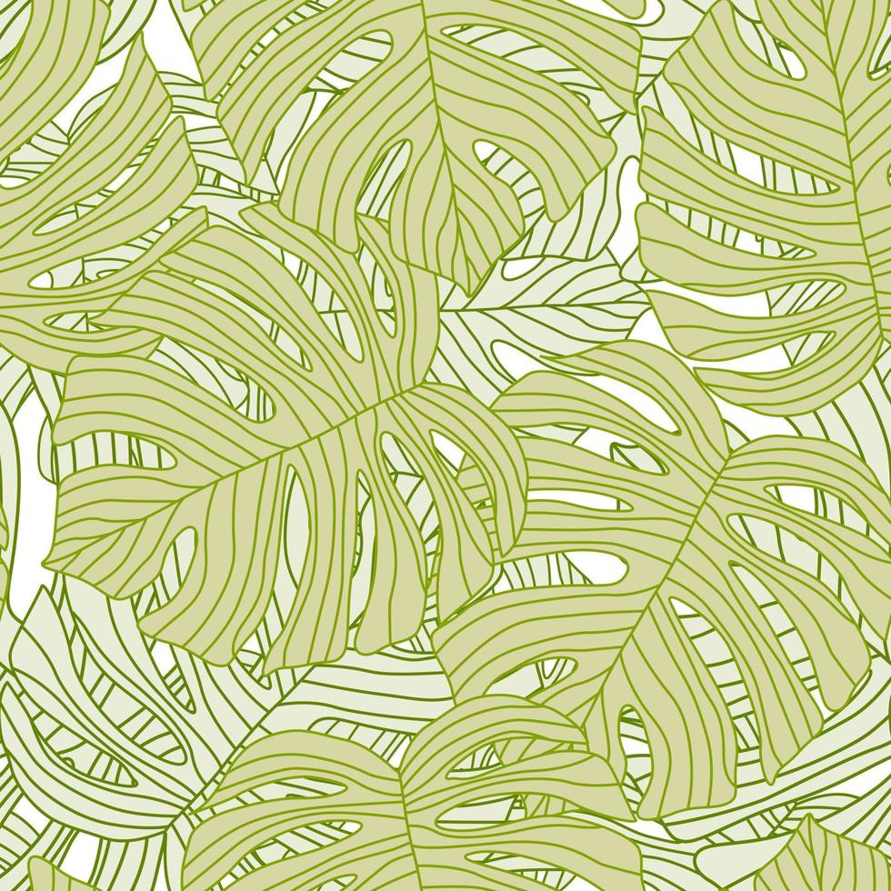 Contoured outline monstera silhouettes seamless pattern. Palm leaves endless background. Botanical wallpaper. vector