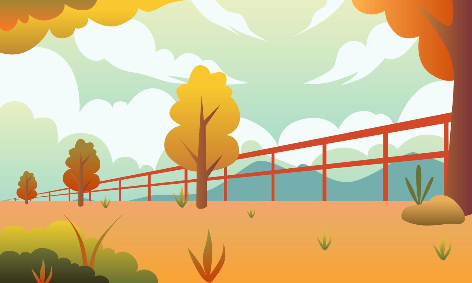 Autumn panoramic illustration vector background. Falling leaves with orange sky. Farm Illustration cloudy scene